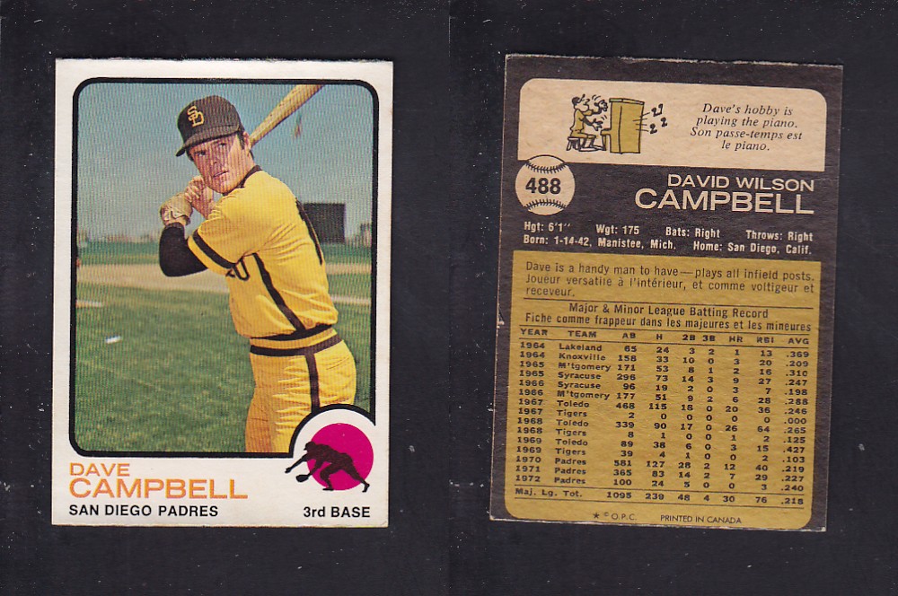 1973 O-PEE-CHEE BASEBALL CARD #488 D. CAMPBELL photo