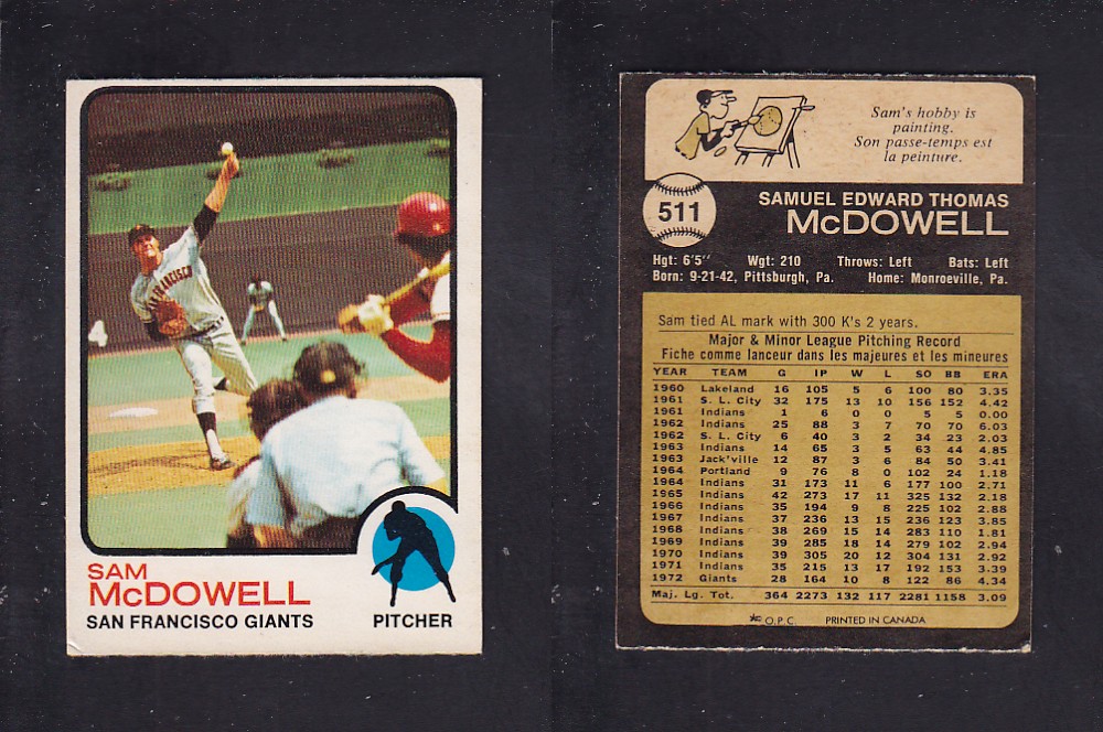 1973 O-PEE-CHEE BASEBALL CARD #511 S. McDOWELL photo