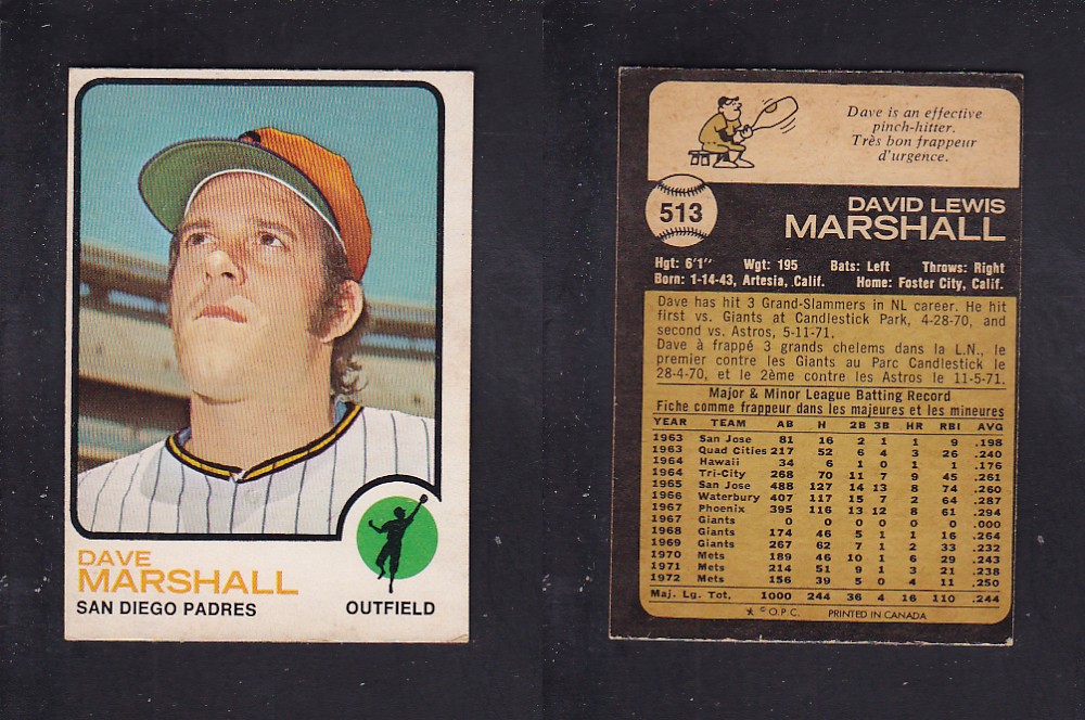 1973 O-PEE-CHEE BASEBALL CARD #513 D. MARSHALL photo