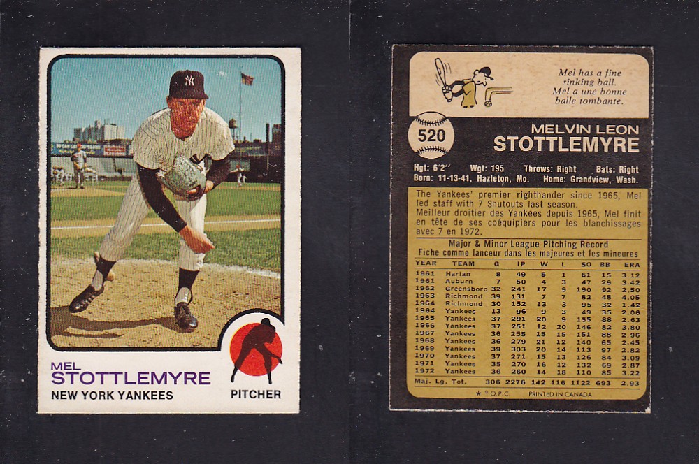 1973 O-PEE-CHEE BASEBALL CARD #520 M. STOTTLEMYRE photo