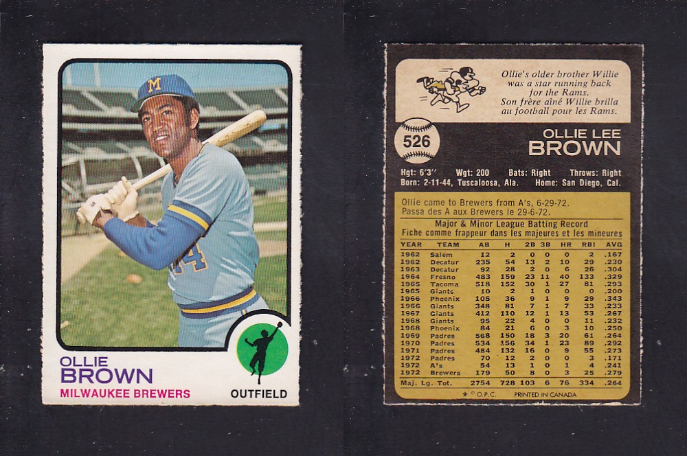 1973 O-PEE-CHEE BASEBALL CARD #526 O. BROWN photo