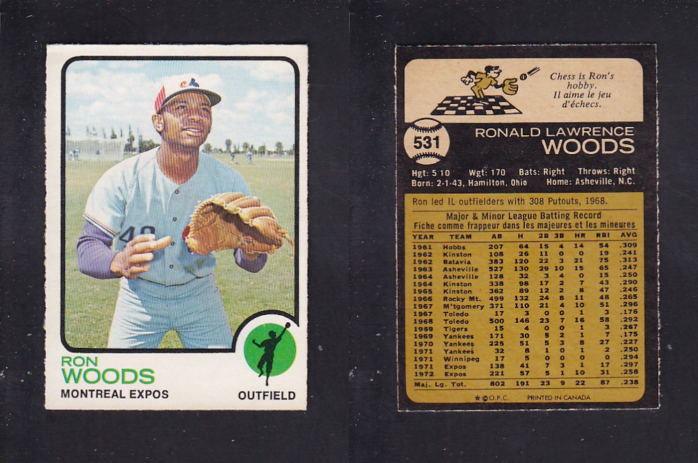 1973 O-PEE-CHEE BASEBALL CARD #531 R. WOODS photo