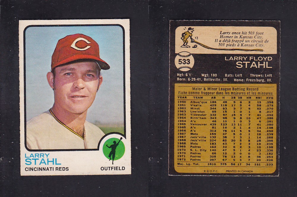 1973 O-PEE-CHEE BASEBALL CARD #533 L. STAHL photo