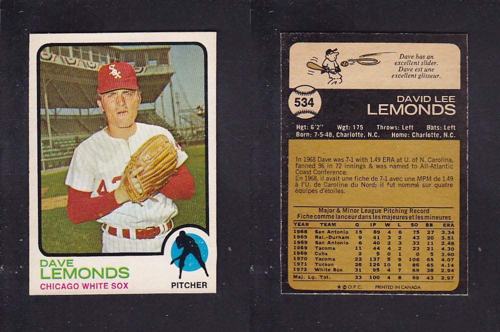 1973 O-PEE-CHEE BASEBALL CARD #534 D. LEMONDS photo