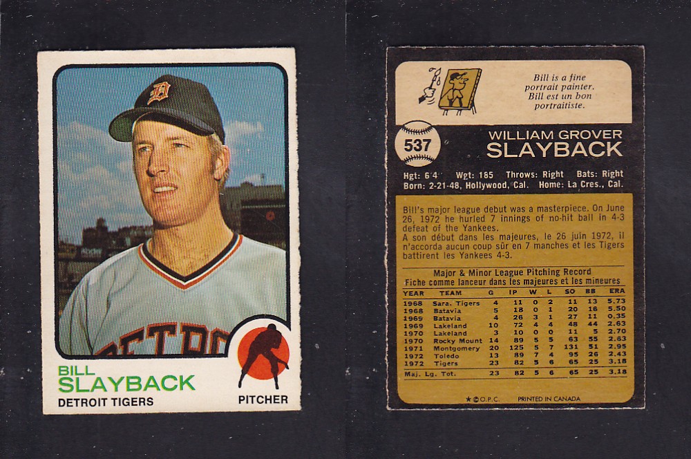 1973 O-PEE-CHEE BASEBALL CARD #537 S. SLAYBACK photo