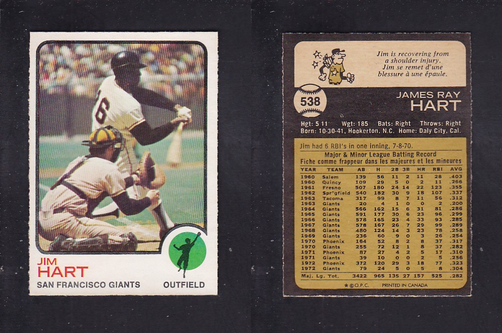 1973 O-PEE-CHEE BASEBALL CARD #538 J. HART photo