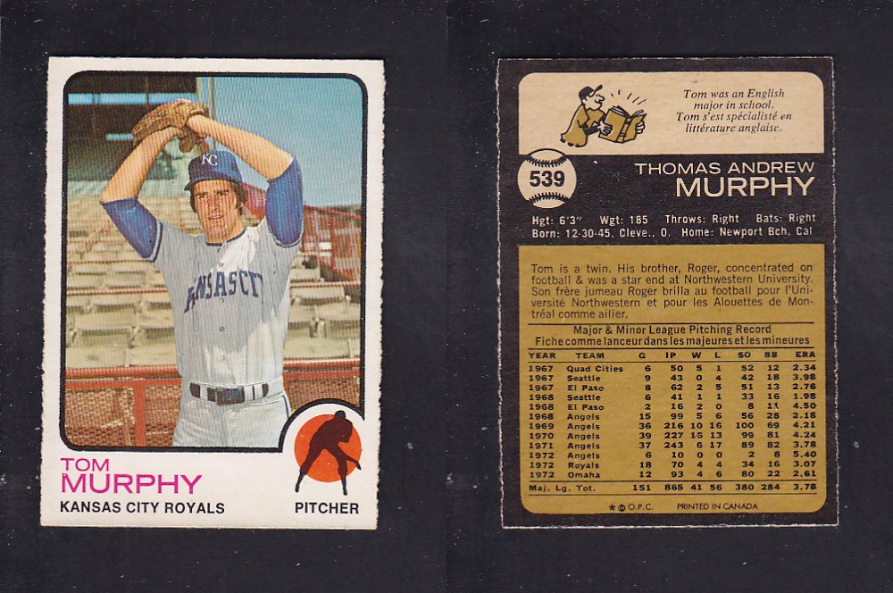 1973 O-PEE-CHEE BASEBALL CARD #539 T. MURPHY photo