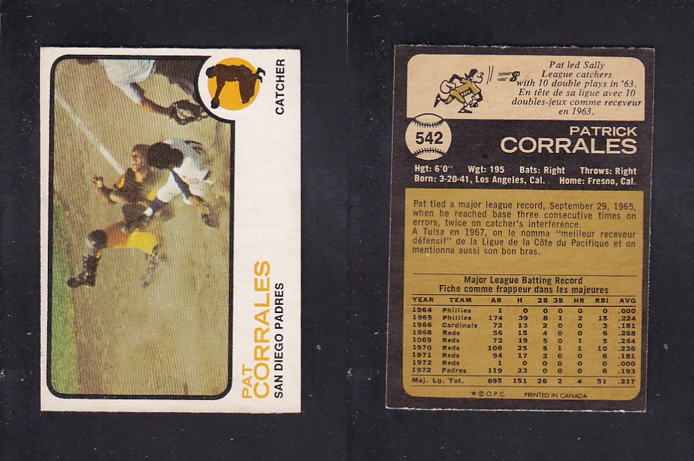 1973 O-PEE-CHEE BASEBALL CARD #542 P. CORRALES photo