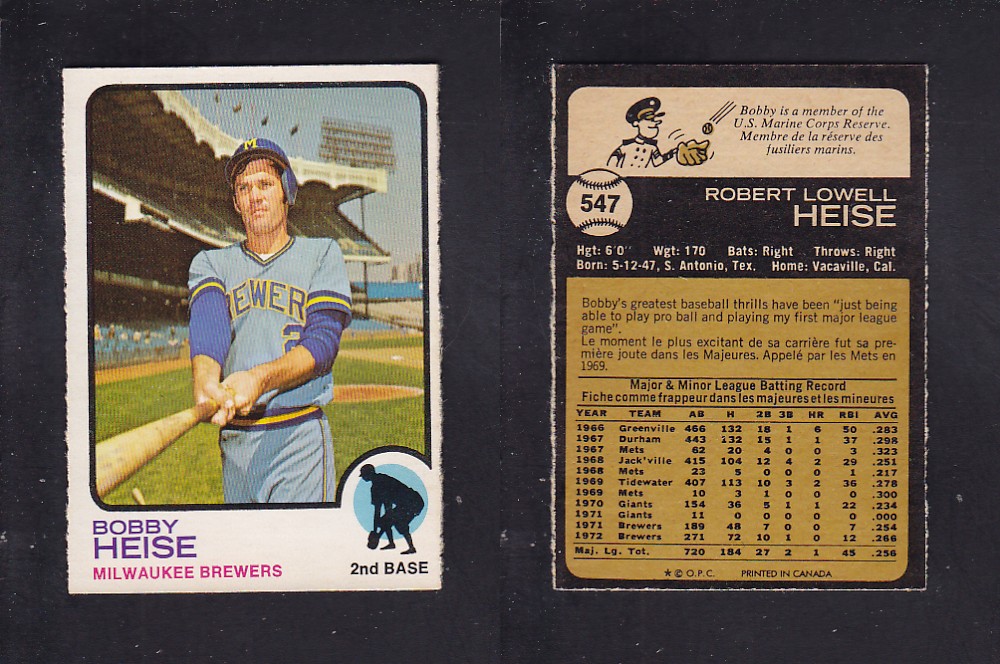 1973 O-PEE-CHEE BASEBALL CARD #547 B. HEISE photo