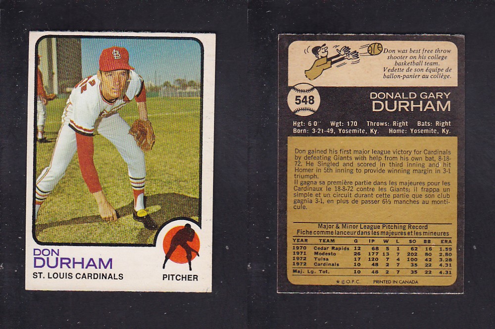 1973 O-PEE-CHEE BASEBALL CARD #548 D. DURHAM photo