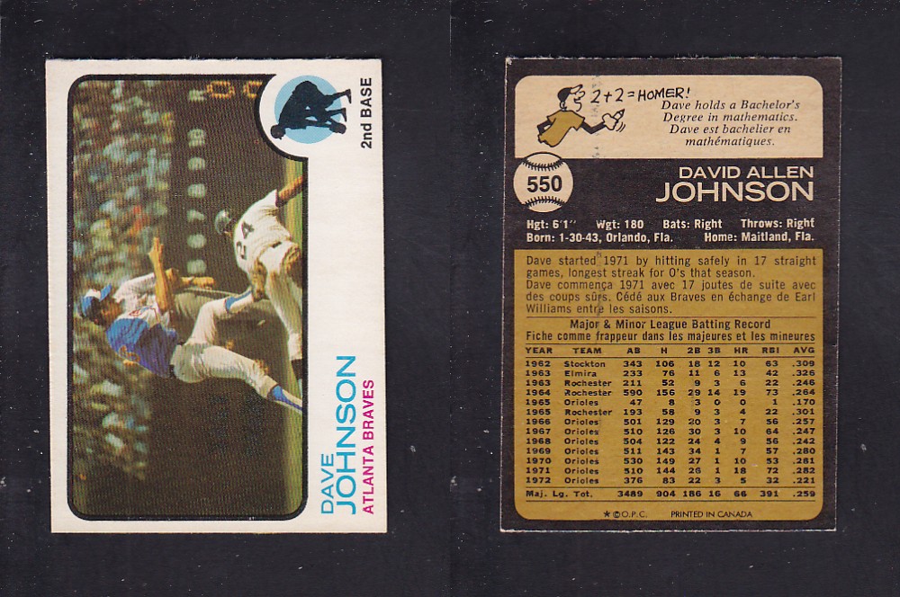 1973 O-PEE-CHEE BASEBALL CARD #550 D. JOHNSON photo