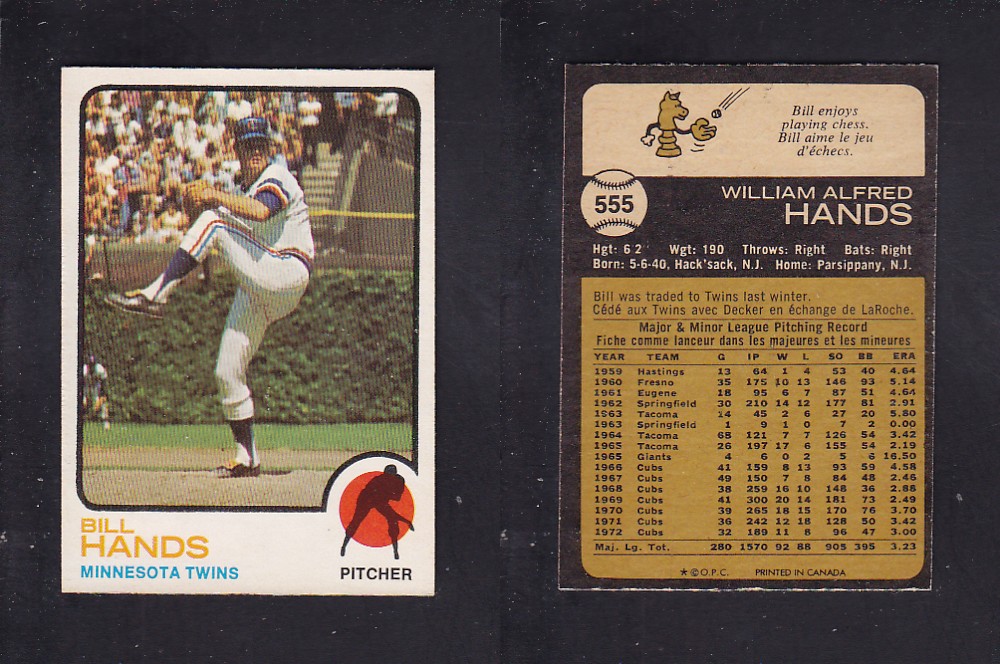 1973 O-PEE-CHEE BASEBALL CARD #555 B. HANDS photo