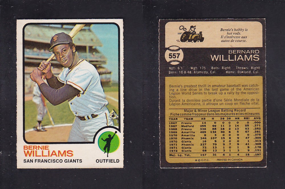 1973 O-PEE-CHEE BASEBALL CARD #557 B. WILLIAMS photo