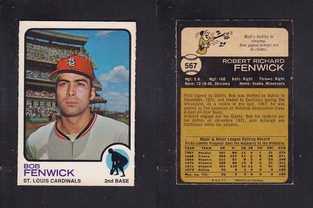 1973 O-PEE-CHEE BASEBALL CARD #567 B. FENWICK photo