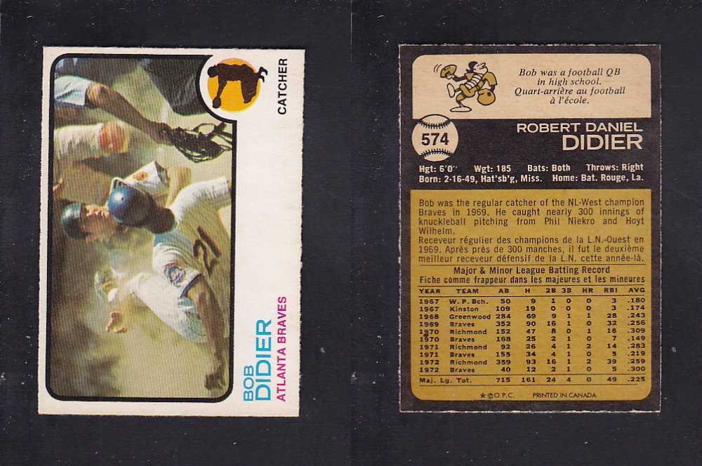 1973 O-PEE-CHEE BASEBALL CARD #574 B. DIDIER photo