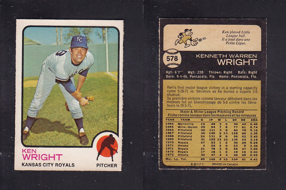 1973 O-PEE-CHEE BASEBALL CARD #578 K. WRIGHT photo