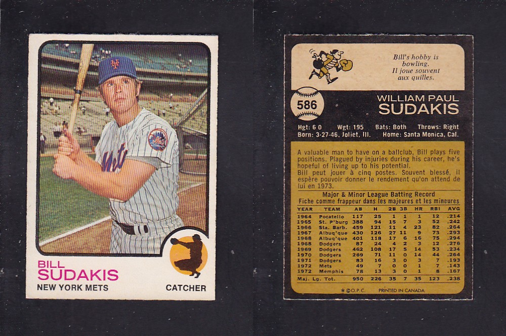 1973 O-PEE-CHEE BASEBALL CARD #586 B. SUDAKIS photo