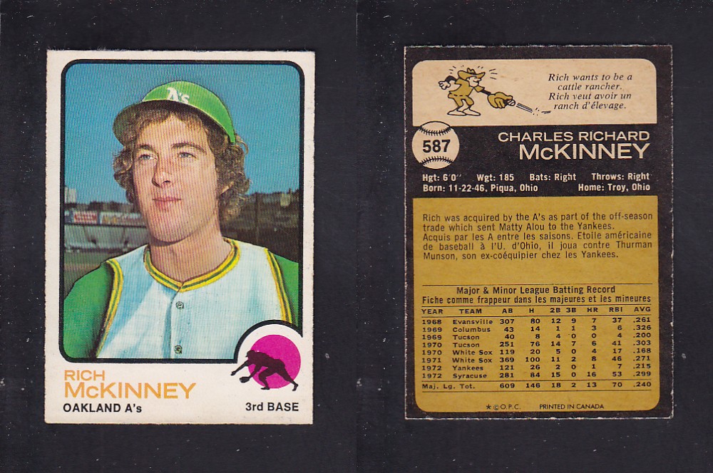 1973 O-PEE-CHEE BASEBALL CARD #587 R. McKINNEY photo