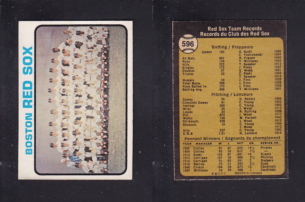 1973 O-PEE-CHEE BASEBALL CARD #596 BOSTON RED SOX photo