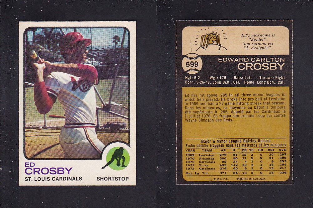 1973 O-PEE-CHEE BASEBALL CARD #599 E. CROSBY photo