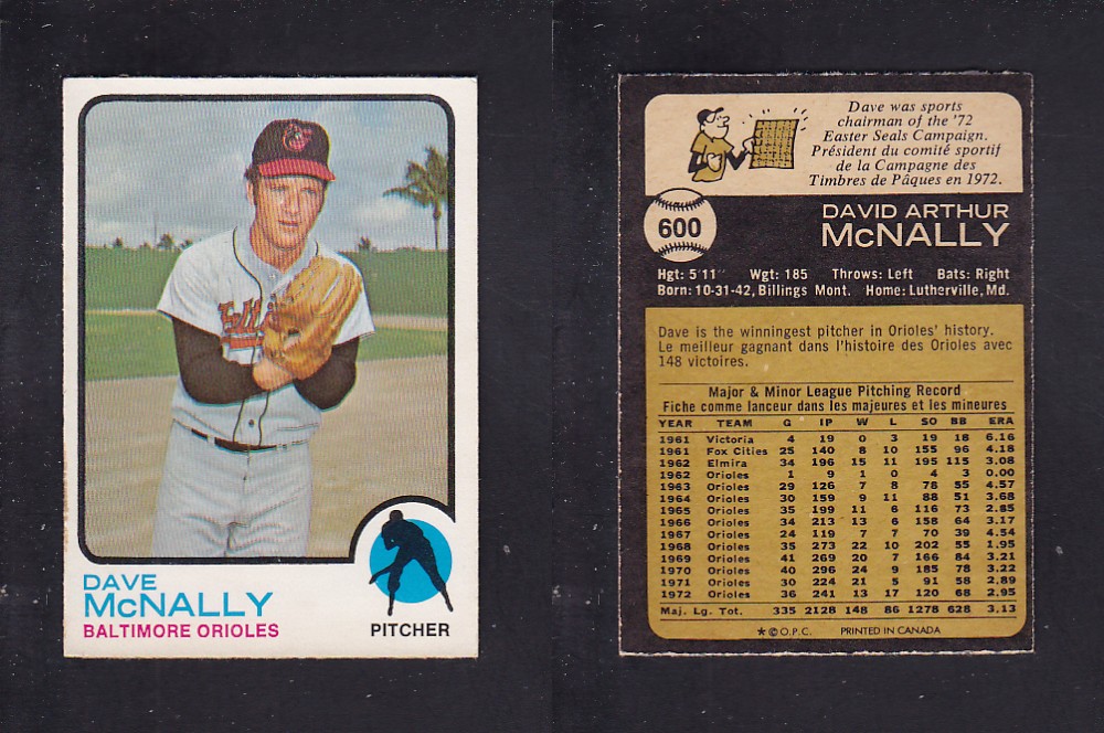 1973 O-PEE-CHEE BASEBALL CARD #600 D. McNALLY photo