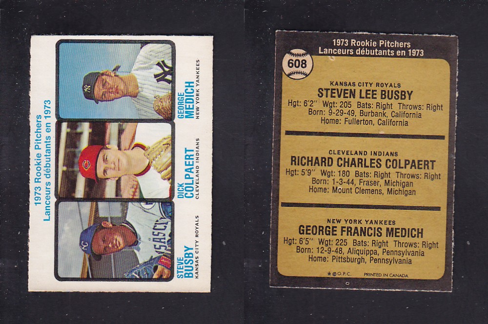 1973 O-PEE-CHEE BASEBALL CARD #608 ROOKIE PITCHERS S. BUBSY/ D. COLPAERT/ G. MEDICH  photo