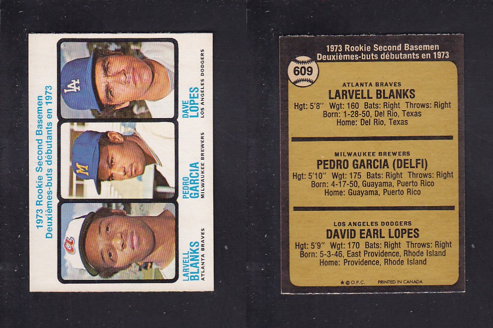 1973 O-PEE-CHEE BASEBALL CARD #609 ROOKIE SECOND BASEMEN L. BLANKS/ P. GARCIA/ D. LOPES photo