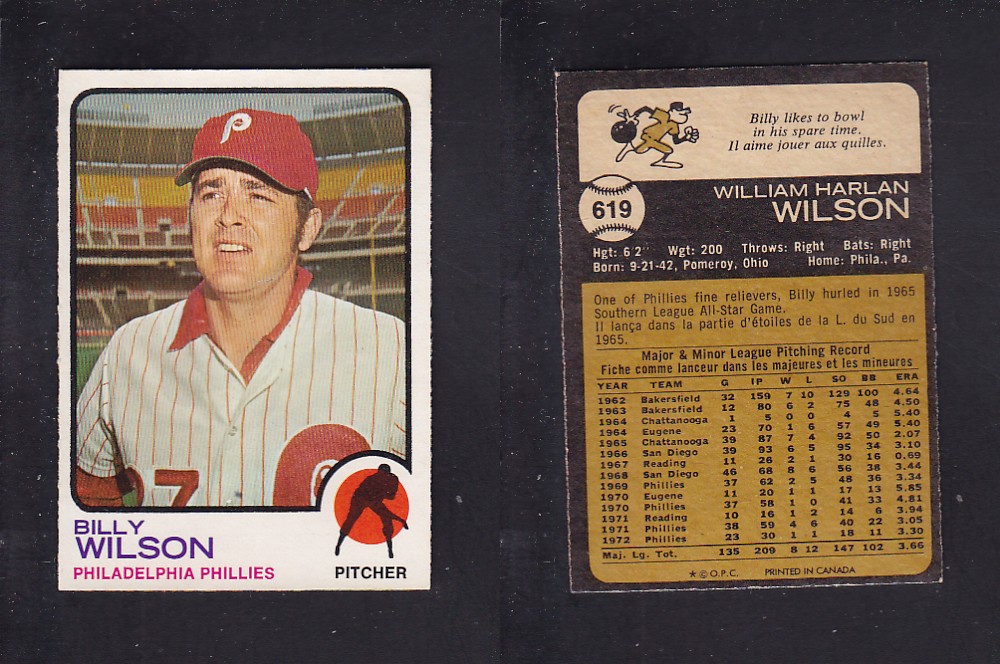 1973 O-PEE-CHEE BASEBALL CARD #619 B. WILSON photo