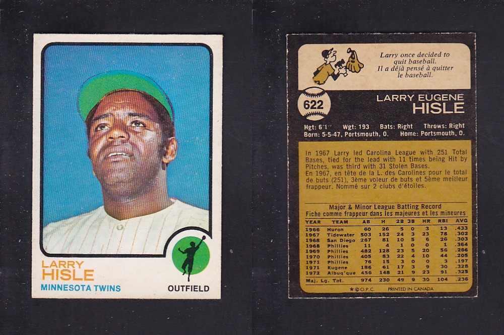 1973 O-PEE-CHEE BASEBALL CARD #622 L. HISLE photo