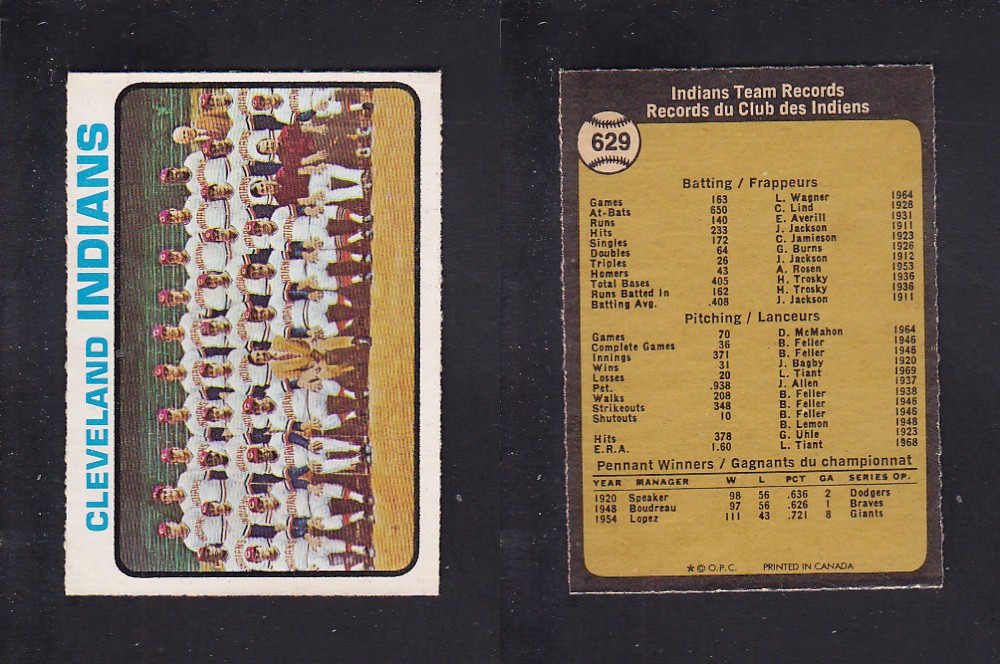 1973 O-PEE-CHEE BASEBALL CARD #629 CLEVELAND INDIANS photo