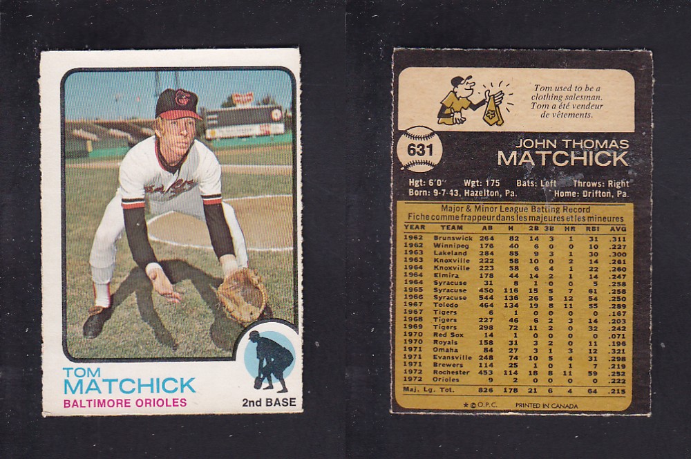 1973 O-PEE-CHEE BASEBALL CARD #631 T. MATCHICK photo