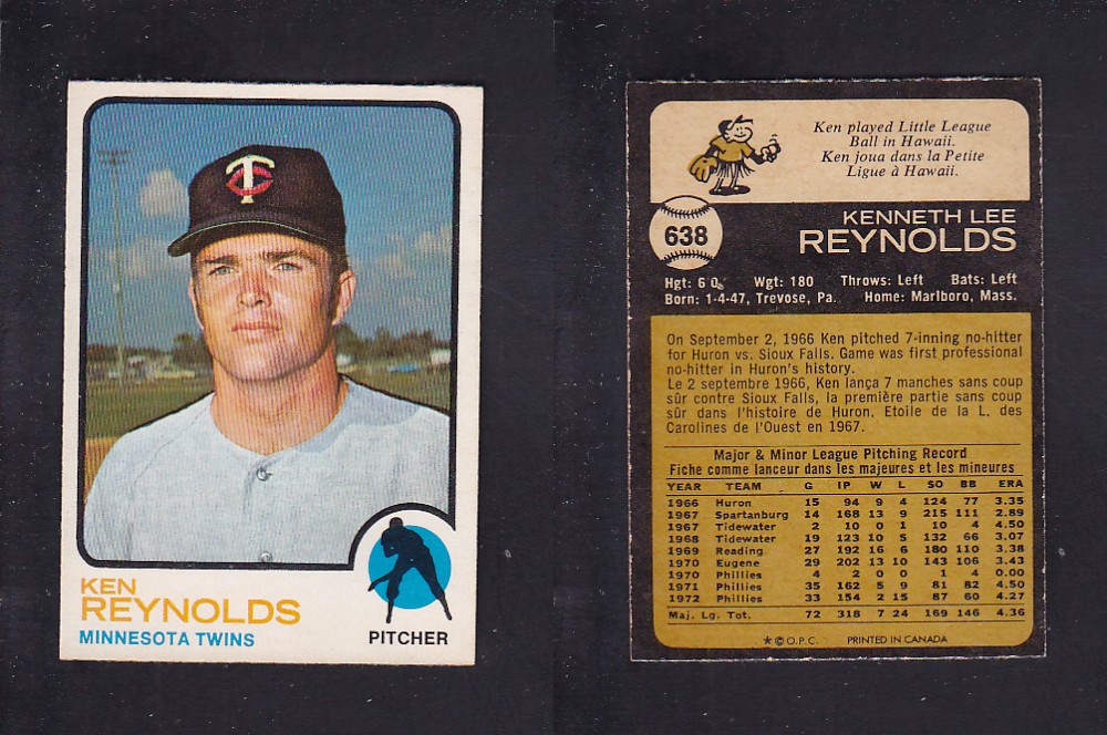 1973 O-PEE-CHEE BASEBALL CARD #638 K. REYNOLDS photo