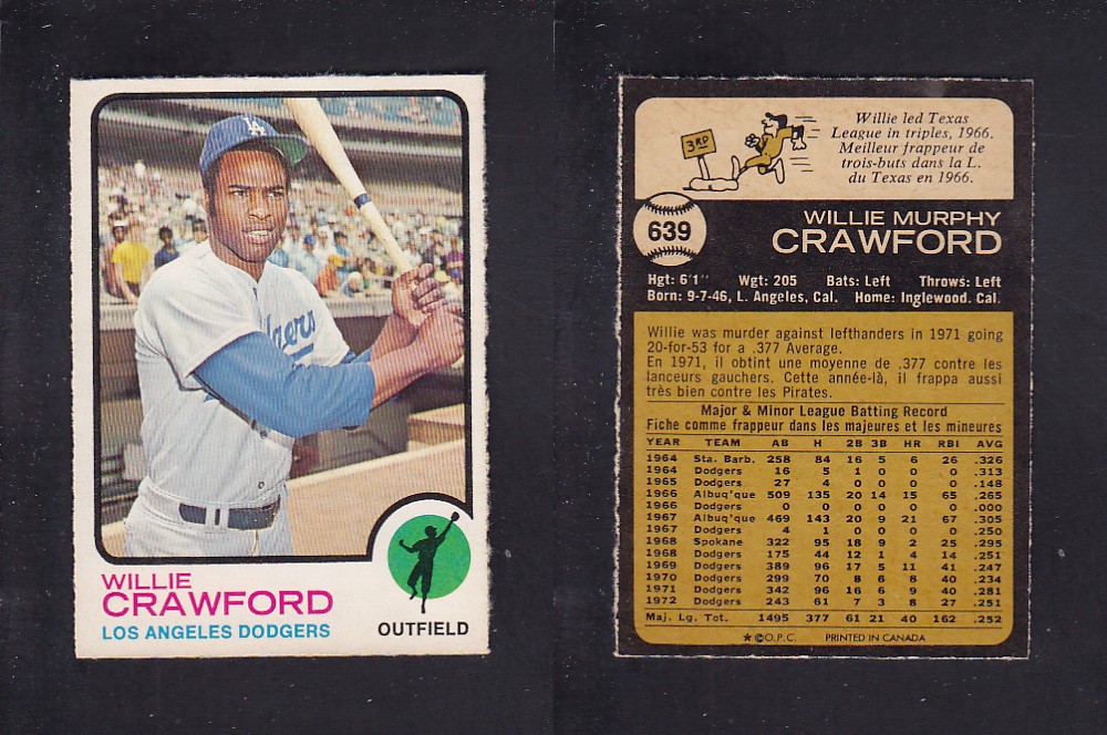 1973 O-PEE-CHEE BASEBALL CARD #639 W. CRAWFORD photo