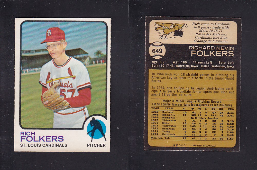 1973 O-PEE-CHEE BASEBALL CARD #649 R. FOLKERS photo