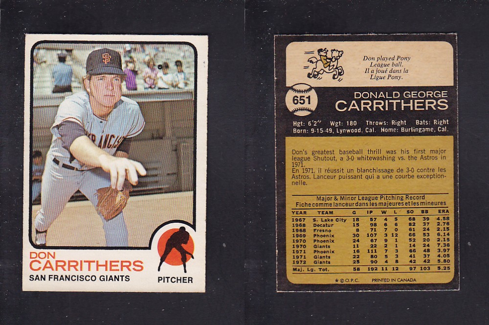 1973 O-PEE-CHEE BASEBALL CARD #651 D. CARRITHERS photo