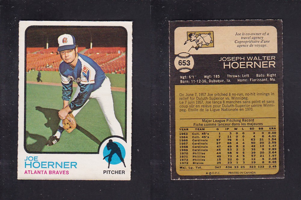 1973 O-PEE-CHEE BASEBALL CARD #653 J. HOERNER photo