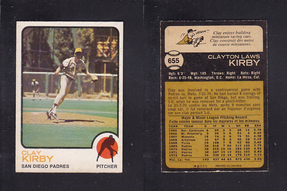 1973 O-PEE-CHEE BASEBALL CARD #655 C. KIRBY photo