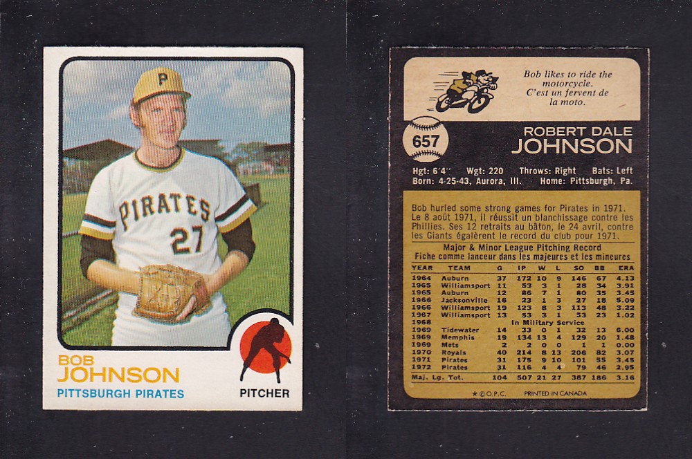 1973 O-PEE-CHEE BASEBALL CARD #657 B. JOHNSON photo