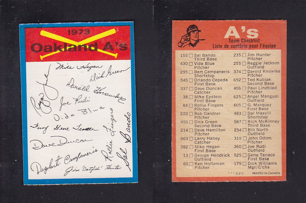 1973 O-PEE-CHEE BASEBALL CARD TEAM CHECKLISTS OAKLAND A'S photo