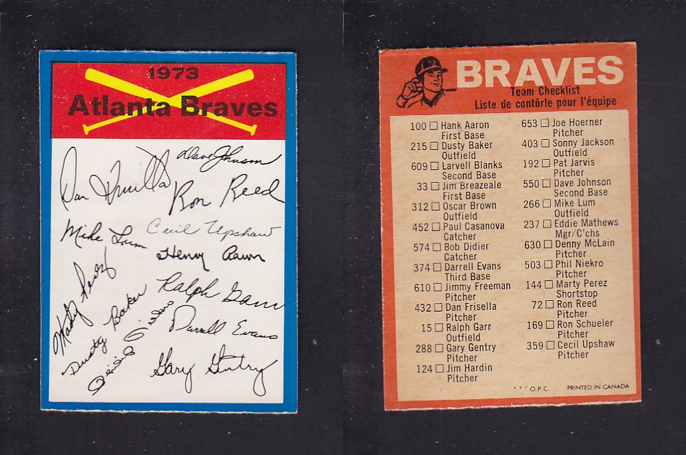 1973 O-PEE-CHEE BASEBALL CARD TEAM CHECKLISTS ATLANTA BRAVES photo