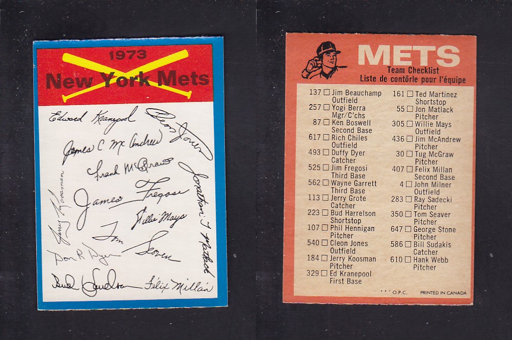 1973 O-PEE-CHEE BASEBALL CARD TEAM CHECKLISTS NEW YORK METS photo