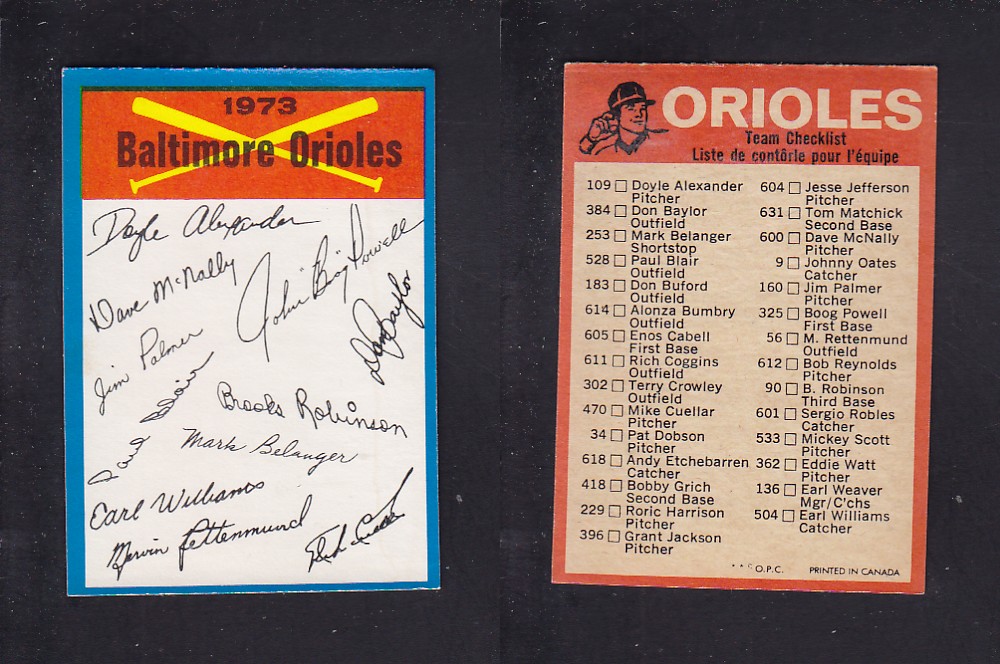 1973 O-PEE-CHEE BASEBALL CARD TEAM CHECKLISTS BALTIMORE ORIOLES photo