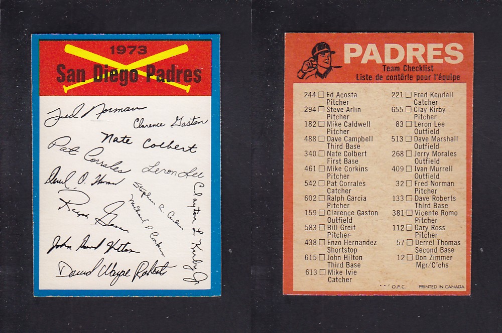 1973 O-PEE-CHEE BASEBALL CARD TEAM CHECKLISTS SAN DIEGO PADRES photo