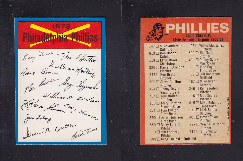 1973 O-PEE-CHEE BASEBALL CARD TEAM CHECKLISTS PHILADELPHIA PHILLIES photo