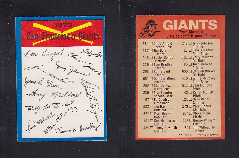 1973 O-PEE-CHEE BASEBALL CARD TEAM CHECKLISTS SAN FRANCISCO GIANTS photo