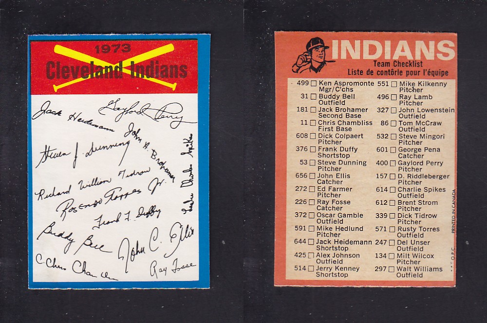 1973 O-PEE-CHEE BASEBALL CARD TEAM CHECKLISTS CLEVERLAND INDIANS photo