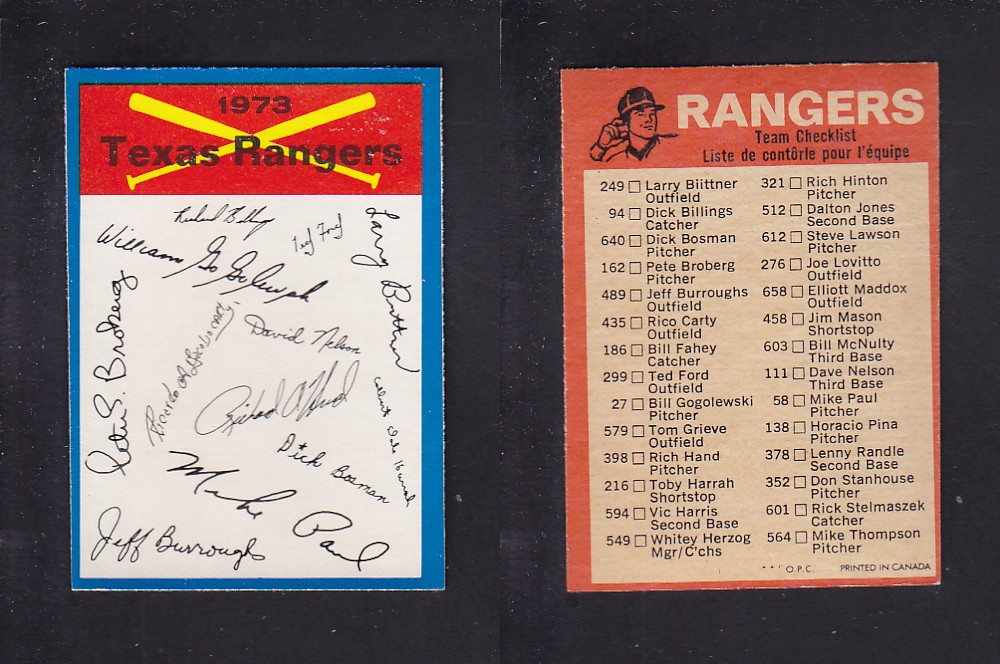 1973 O-PEE-CHEE BASEBALL CARD TEAM CHECKLISTS TEXAS RANGERS photo