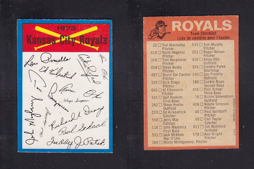 1973 O-PEE-CHEE BASEBALL CARD TEAM CHECKLISTS KANSAS CITY ROYALS photo