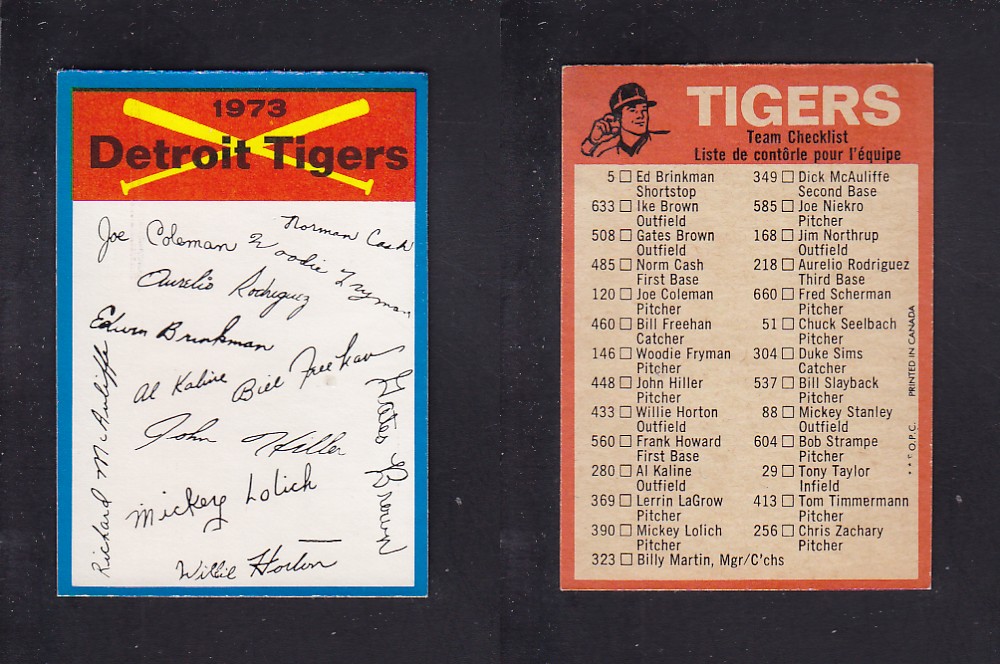 1973 O-PEE-CHEE BASEBALL CARD TEAM CHECKLISTS DETROIT TIGERS photo