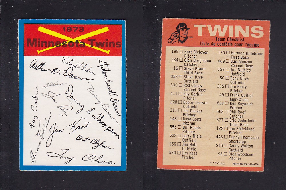 1973 O-PEE-CHEE BASEBALL CARD TEAM CHECKLISTS MINNESOTA TWINS photo